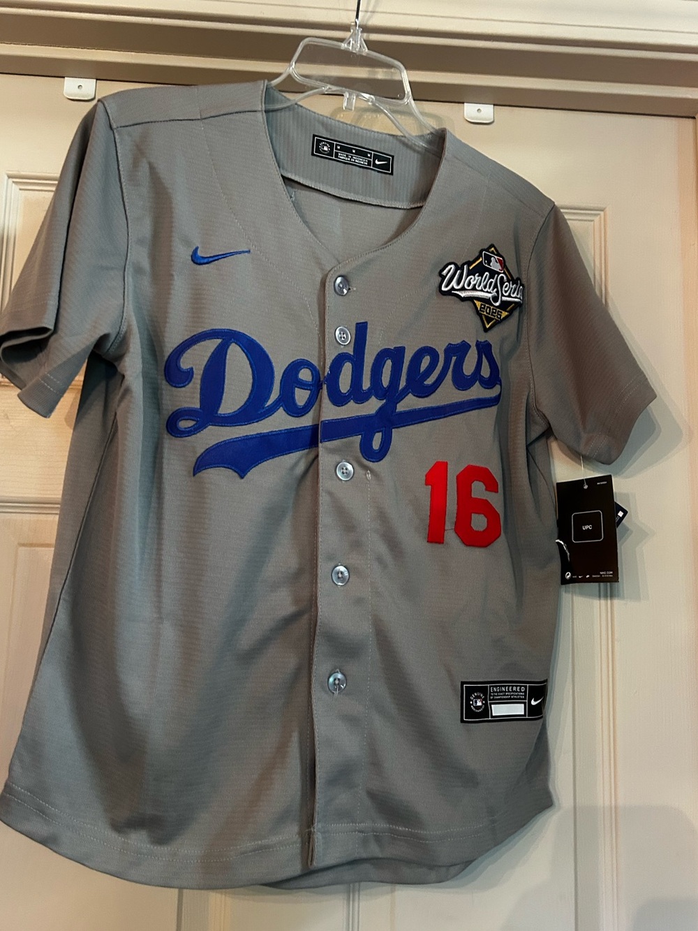 NWT Nike MLB LA Dodgers Baseball Jersey Grey & Blue Big Kid’s size M #16 Smith